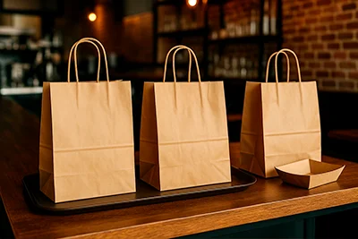 Tres bolsas de papel kraft con base ancha sobre una bandeja en la barra de un restaurante moderno