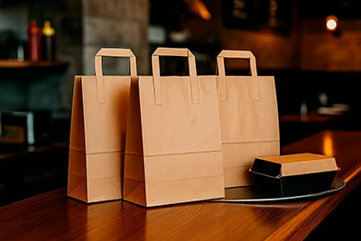 Tres bolsas de papel kraft con asa plana sobre la barra de un restaurante, junto a un envase de comida para llevar