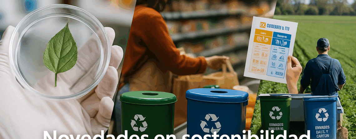 Composición de imágenes reales sobre sostenibilidad en 2025: investigación en bioplásticos, puntos de reciclaje, consumo responsable y gestión de residuos en el campo.