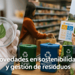 Composición de imágenes reales sobre sostenibilidad en 2025: investigación en bioplásticos, puntos de reciclaje, consumo responsable y gestión de residuos en el campo.