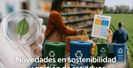 Composición de imágenes reales sobre sostenibilidad en 2025: investigación en bioplásticos, puntos de reciclaje, consumo responsable y gestión de residuos en el campo.