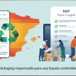 Ilustración con mapa de España, icono de reciclaje y personas organizando envases, junto a una lista de pasos para cumplir con la RAP.