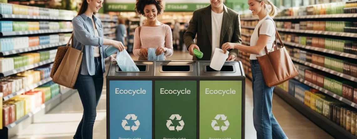 Personas reciclando envases en un supermercado moderno con contenedores diferenciados y señalética de sostenibilidad.