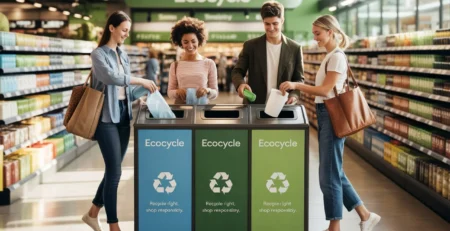 Personas reciclando envases en un supermercado moderno con contenedores diferenciados y señalética de sostenibilidad.