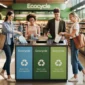 Personas reciclando envases en un supermercado moderno con contenedores diferenciados y señalética de sostenibilidad.