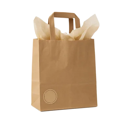 Bolsa de papel kraft marrón con asa plana y papel de seda en su interior, sobre fondo neutro