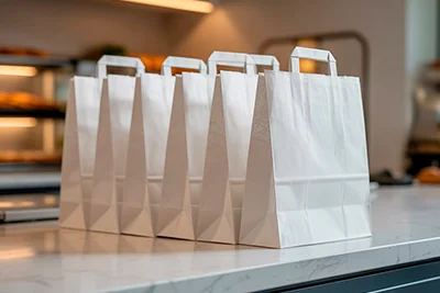 bolsas de papel take away blancas con asa plana en mostrador de un obrador de pan