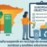 Ilustración comparativa sobre reciclaje de envases en España: datos, objetivos europeos y papel de la ciudadanía.