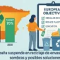 Ilustración comparativa sobre reciclaje de envases en España: datos, objetivos europeos y papel de la ciudadanía.