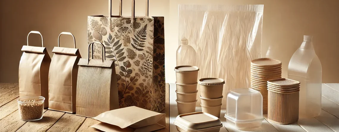 Comparativa visual entre bolsas de papel kraft reciclado y envases bioplásticos sobre una mesa, representando sostenibilidad e innovación en packaging