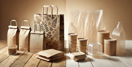 Comparativa visual entre bolsas de papel kraft reciclado y envases bioplásticos sobre una mesa, representando sostenibilidad e innovación en packaging