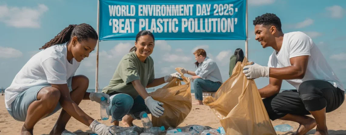Grupo de voluntarios limpiando una playa de botellas de plástico bajo una pancarta de World Environment Day 2025 con el lema Beat Plastic Pollution.