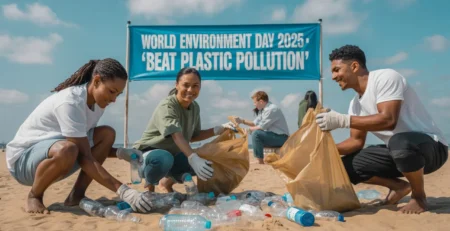 Grupo de voluntarios limpiando una playa de botellas de plástico bajo una pancarta de World Environment Day 2025 con el lema Beat Plastic Pollution.